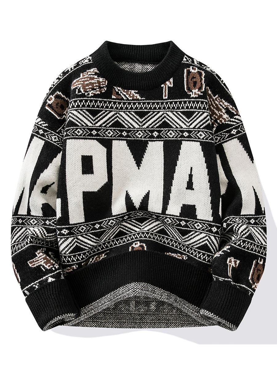 Men'S Multi-Color Ethnic Jacquard Knit Sweater, Round Neck Pullover with Geometric Letter Vintage Jacquard Pattern, Fashionable Casual Fall/Winter Fitted Style, Trendy Top for Middle-Aged Men - Black