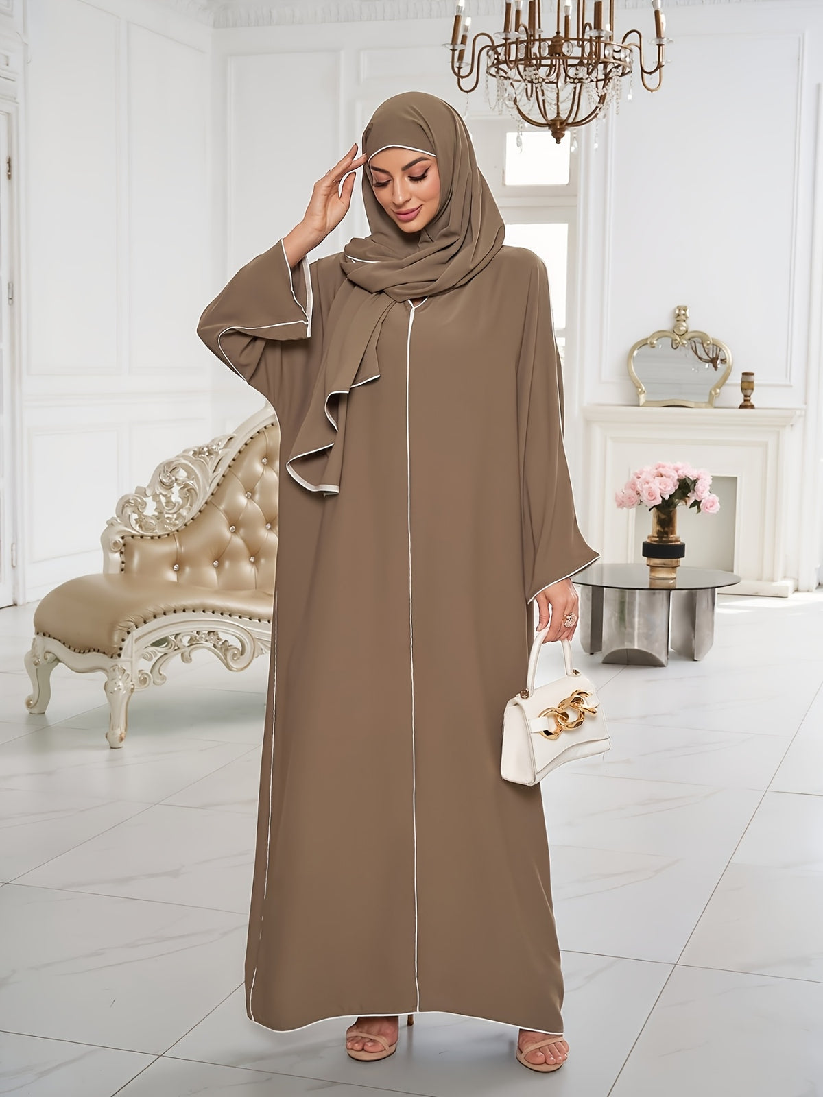 1 Set ( + Dress), Solid Color Nida Fabric, Elegant and Comfortable, Breathable and Comfortable for Outings | Simple Islamic Clothing | and Turkish Clothing, for Home, Outdoors, Leisure, Dresses for Women, Abaya for Women, Abaya Été, Abaya Femme - Khaki