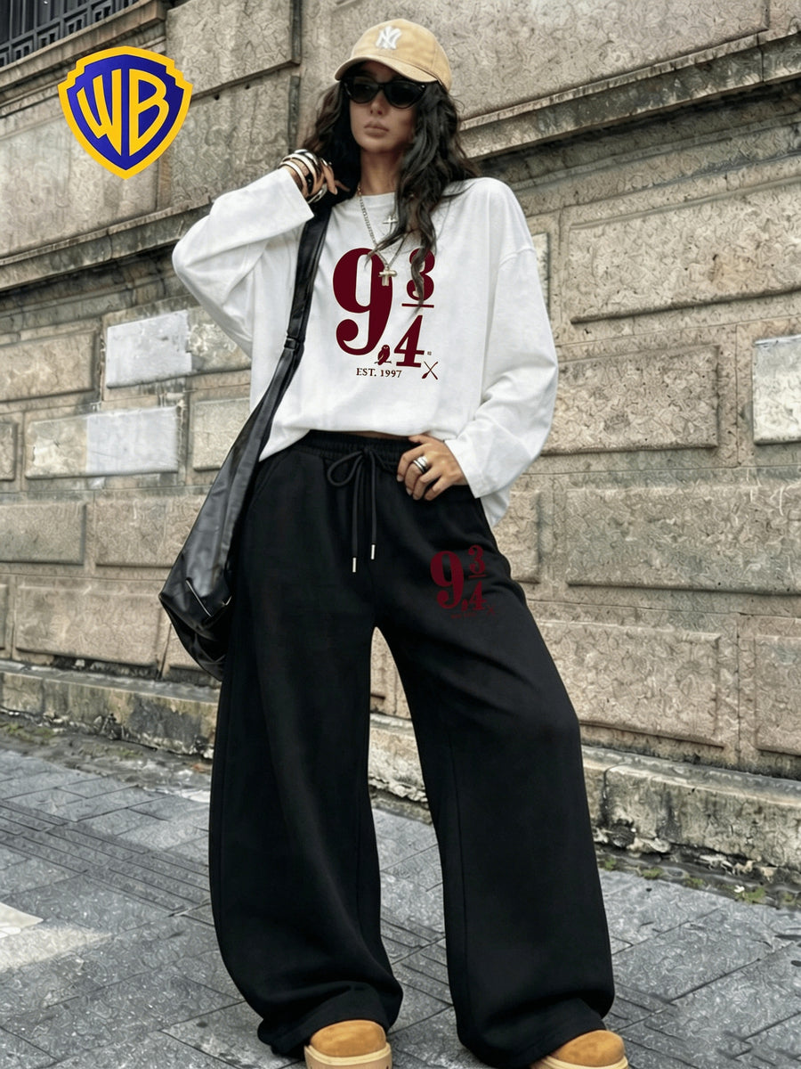 Harry Potter Platform 9¾ Print Set for Women, Korean Style Lazy Loose Fit Versatile T-Shirt + Casual Loose Versatile Floor-Length Straight-Leg Pants 2pcs Set - White+black
