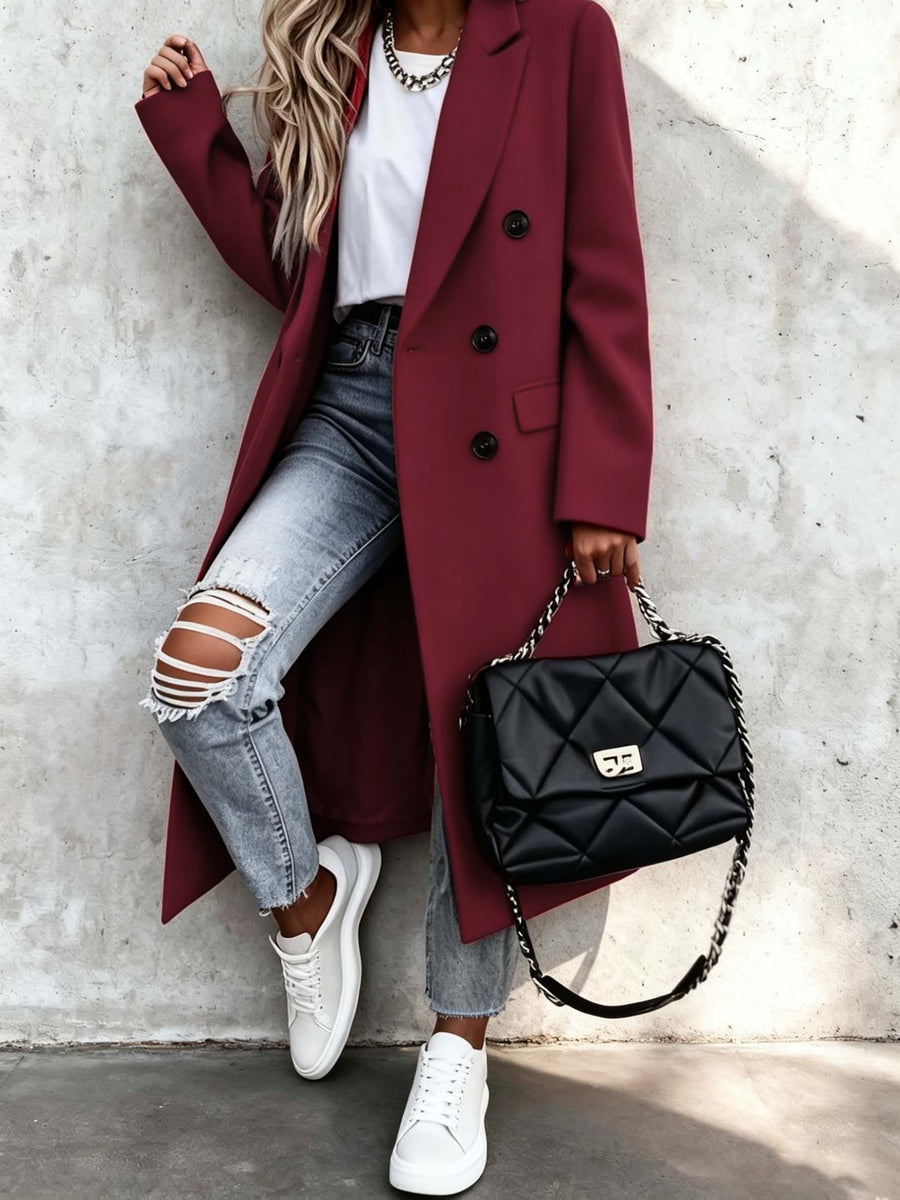 Over-The-Knee Long Premium Design Style Long Sleeve Trench Coat Women'S New Suit Collar Double-Breasted Casual Coat Jacket - Deep Red