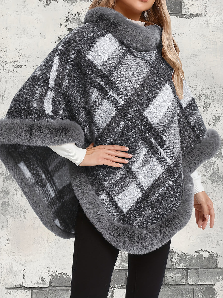 Bust (unlined)" "Length Includes Faux Trim" Elegant Special Edition 1pc Elegant Women's Round Neck Plaid Shawl Pullover, Faux Trim Patch Decoration, 100% Polyester Fiber, Stylish and Elegant European/American Style Thickened Warm Pullover - Grey