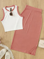 Women'S Sleeveless Vest And Slit Skirt Set - Pink Color