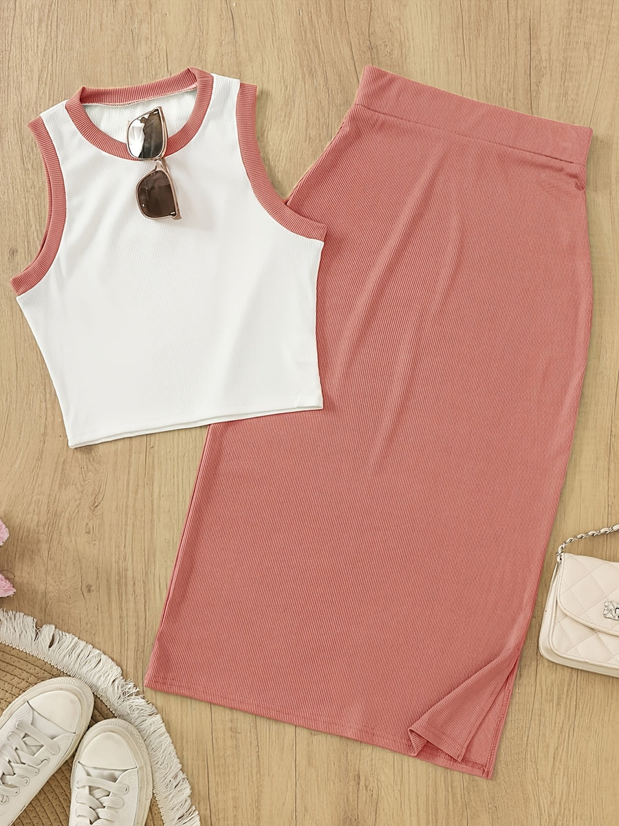 Women'S Sleeveless Vest And Slit Skirt Set - Pink Color