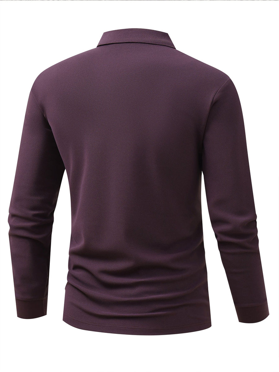 MILAN Fashion Letter Print Color-Block Pattern Men'S Long Sleeve POLO Shirt, Summer Long Sleeve T-Shirt, Business Casual Sporty Style Stretch Comfortable Style Golf Shirt, Summer Essential Business Top - Grape Purple