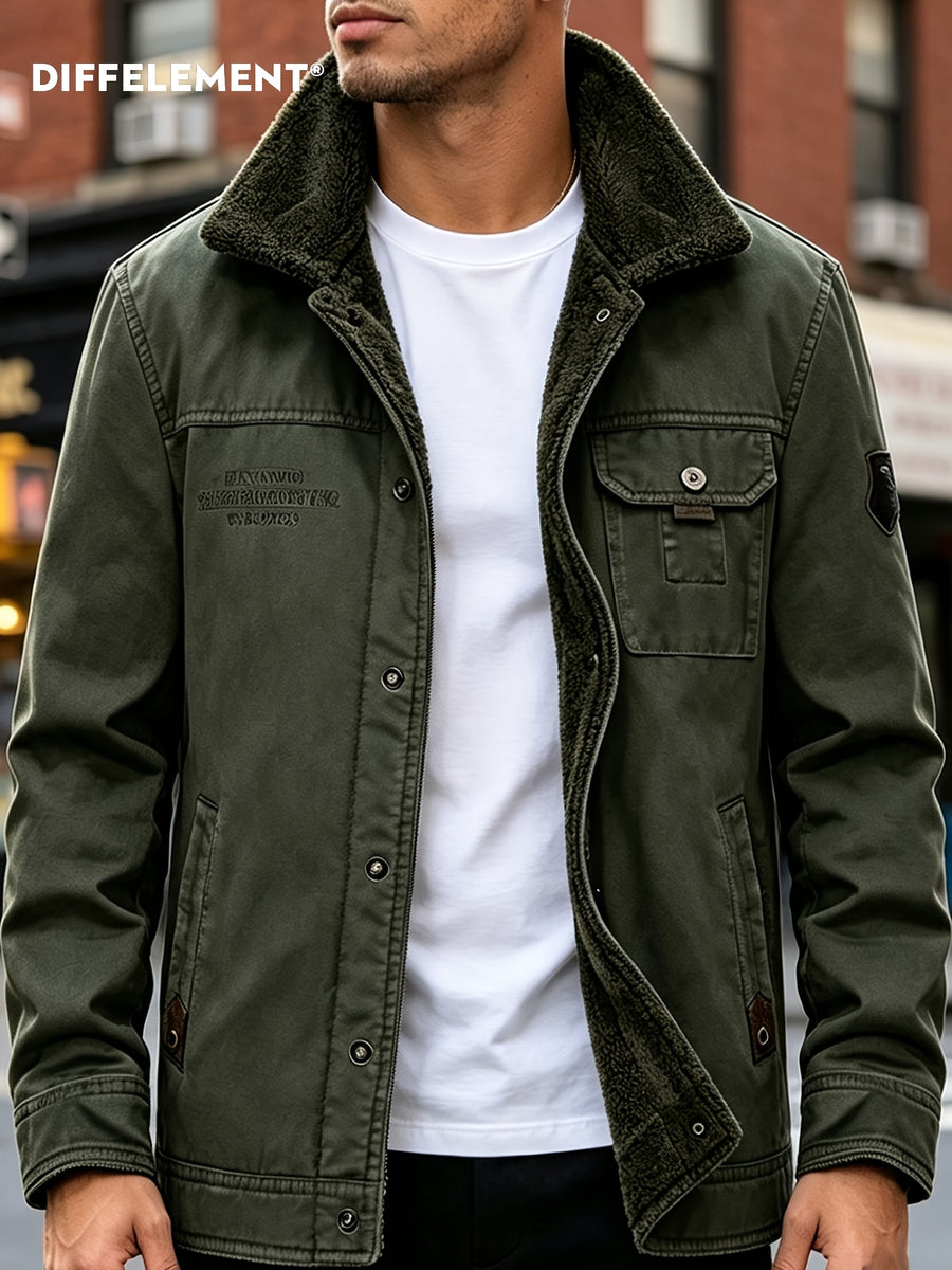 DIFFELEMENT Retro Workwear Style Fleece Thickened Men'S Lapel Work Jacket Lamb Fleece Fleece Lining Single Button Front Closure Cold-Proof Coat Chest Flap Patch Pocket Side Patch Pocket Warm And Cold-Resistant Wearable in Cold Weather Daily And Outd - Military Green