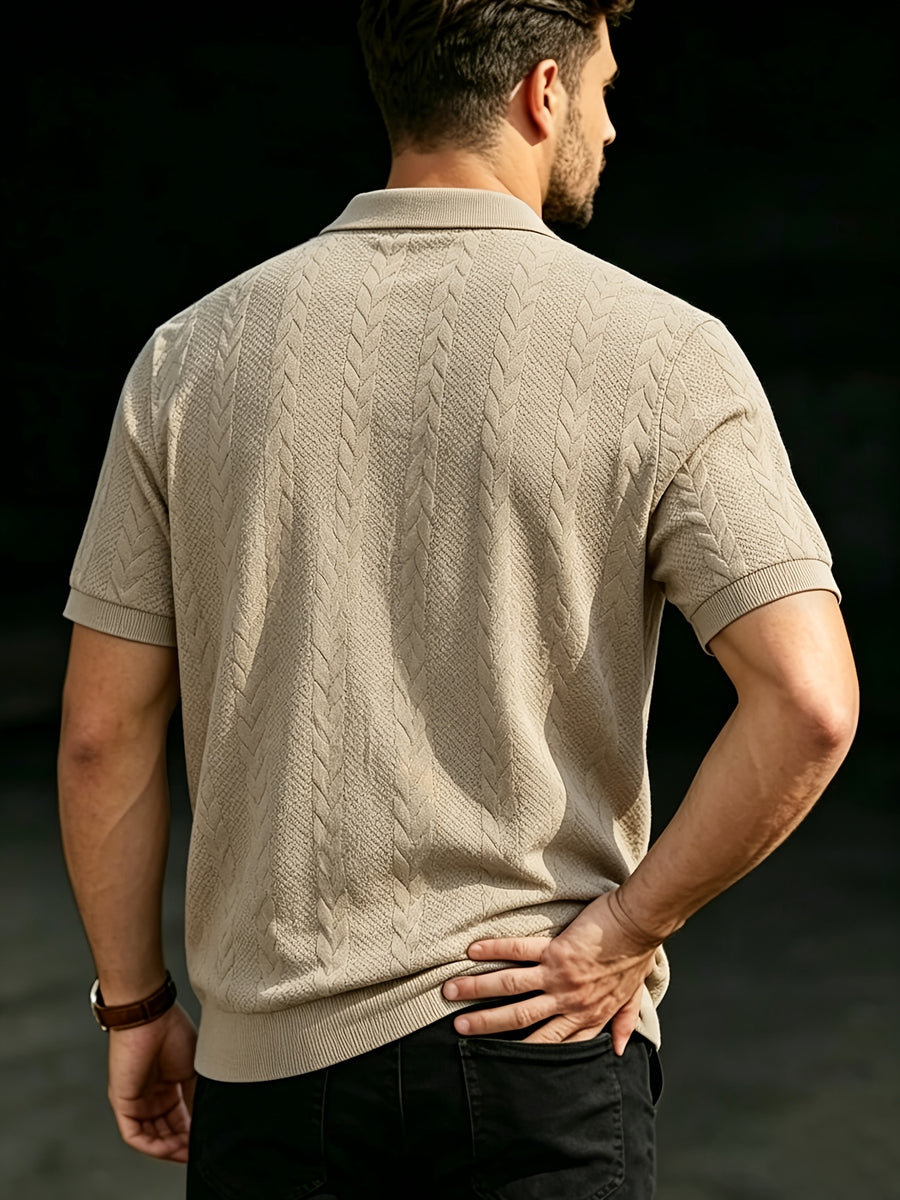Men's Summer Jacquard Ribbed Lapel Short-Sleeve T-Shirt, Simple Casual Breathable Business Versatile Knitted Polo Shirt - Khaki