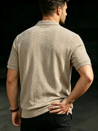 Men's Summer Jacquard Ribbed Lapel Short-Sleeve T-Shirt, Simple Casual Breathable Business Versatile Knitted Polo Shirt - Khaki