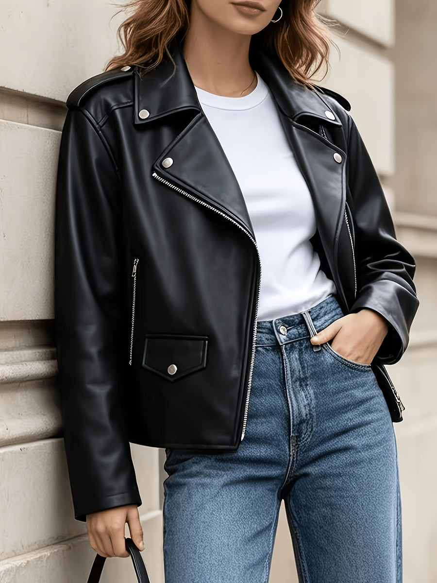 European Women's Jacket - Front Zip PU Short Jacket, Spring/Autumn Casual Long Sleeve Lightweight Outerwear, Women's Clothing - Black