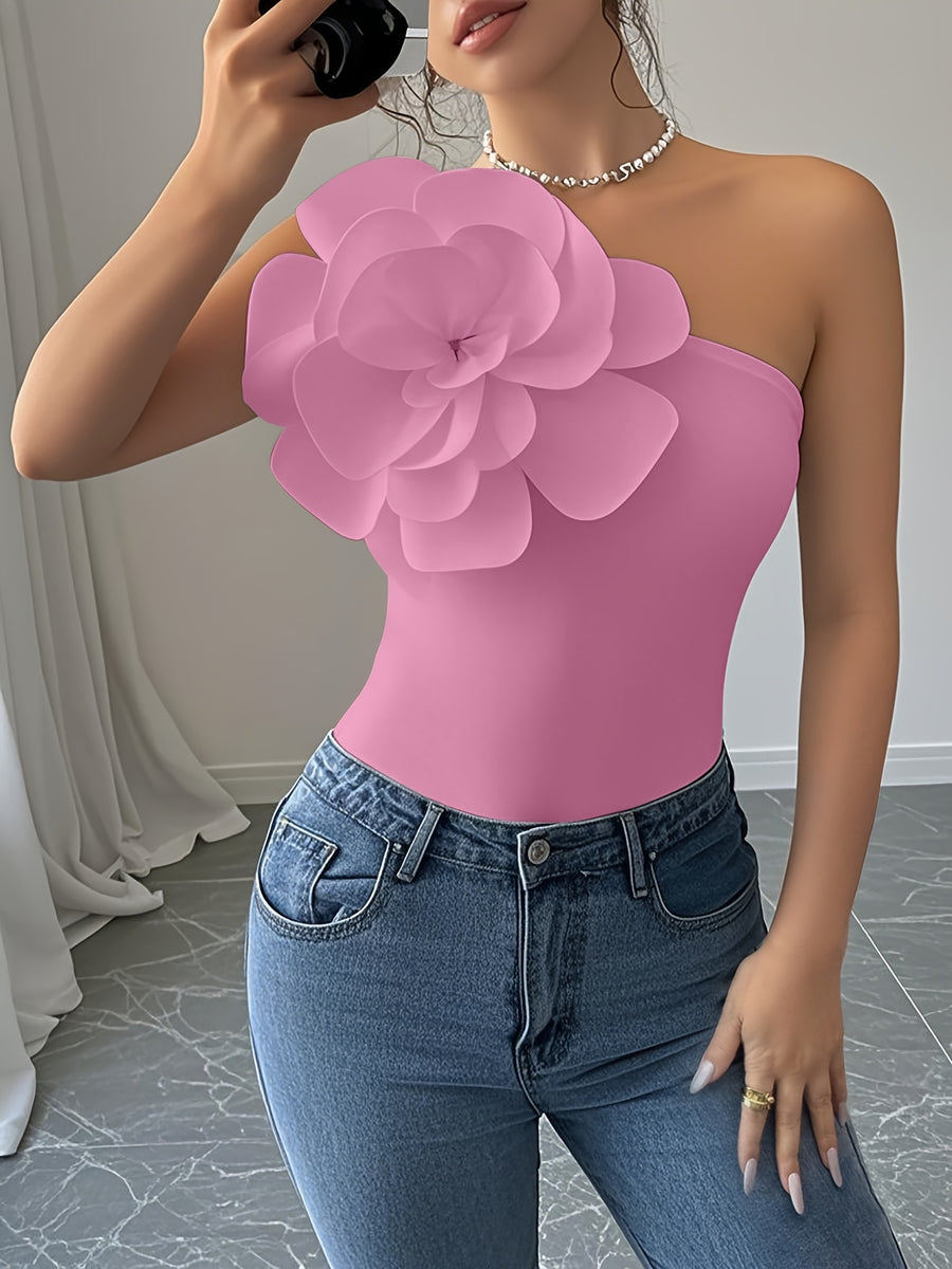 Floral Asymmetrical Neck Slim Sleeveless Casual Top - Pink