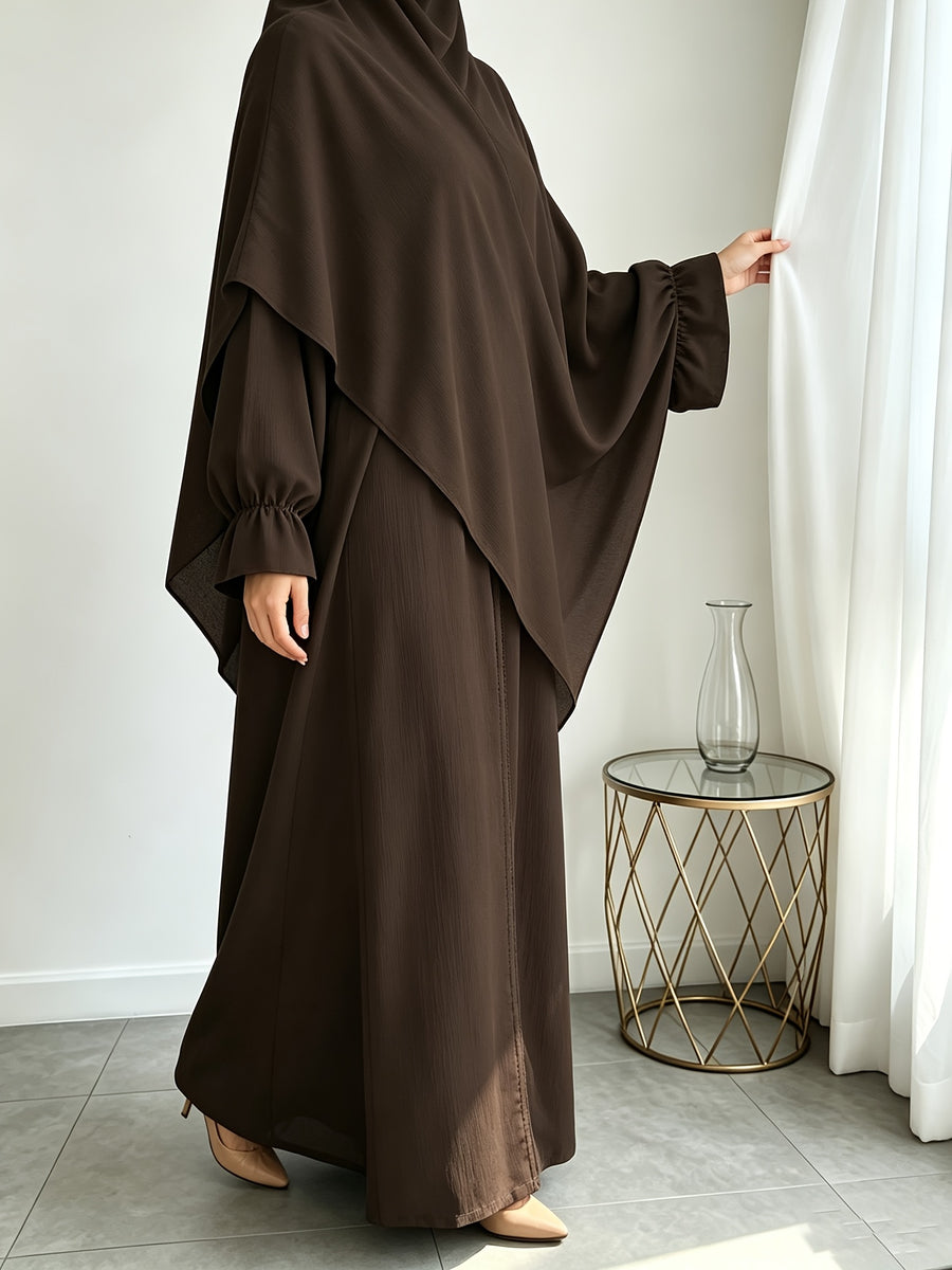 A Khimar + Abaya Prayer Jilbab Suit, a Fashionable and Elegant Vacation Set Featuring a Pure-color, Simple Single-layer Headscarf and a Light, Breathable, Comfortable Horn-sleeve Loose Dress. This Women's Abaya Combination Set Is Ideal for Muslim - Coffee Color