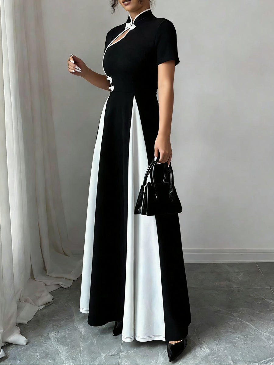 Women's Exquisite Fashionable Minimalist Daily Commute Attire Chinese-style Black and White Color Block Paneled Stand-up Collar A-line Waist-Cinched Asymmetric Design Long-length Short Sleeve Dress Bridesmaid Dress Women's - Black