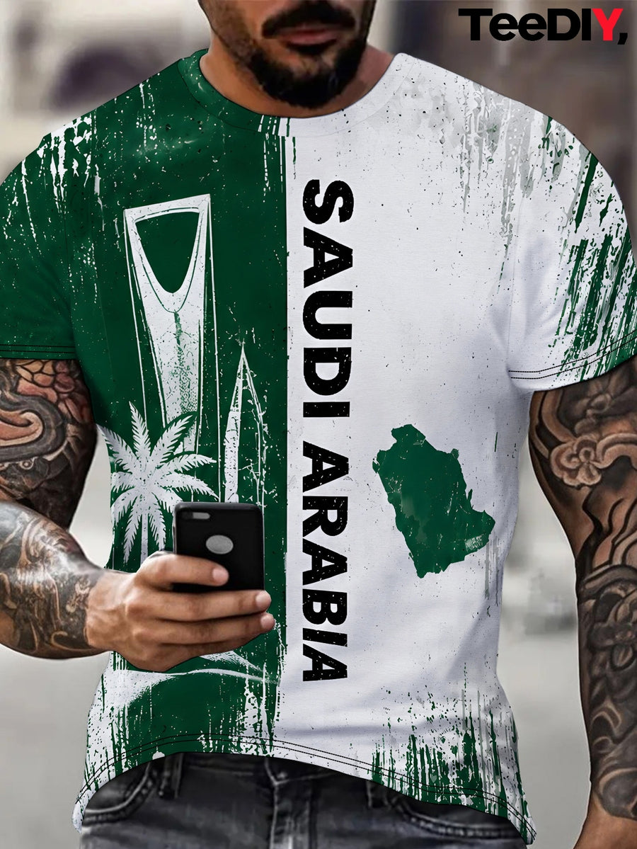 Saudi Arabia Desert Grunge Men'S Casual Graphic Print Short Sleeve T-Shirt, Round Neck, Comfortable & Breathable, Fashionable for Summer Beach, Vacation, Daily Wear, Printed Design - Not Textured//Sequins - Mixed colors