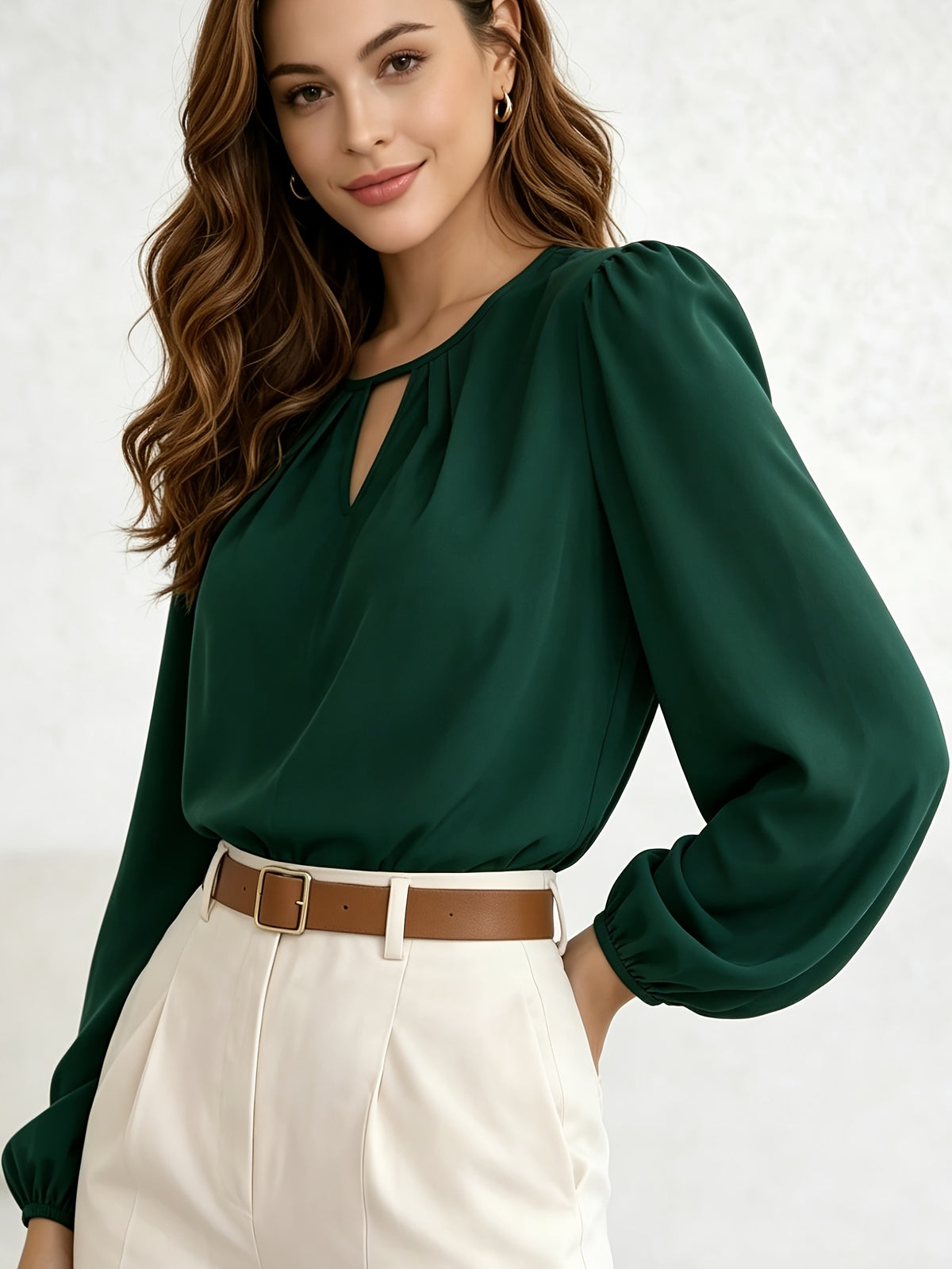 Princess Sleeve Loose Top 2026 Summer New Arrival Women's Versatile Top, Hollow V-Neck Long Sleeve Women's Shirt, French-Style Vintage Puff Sleeve Blouse, Maillard Style Versatile Elegant Top, French-Style Vintage Style, Maillard Casual Style - Dark Green