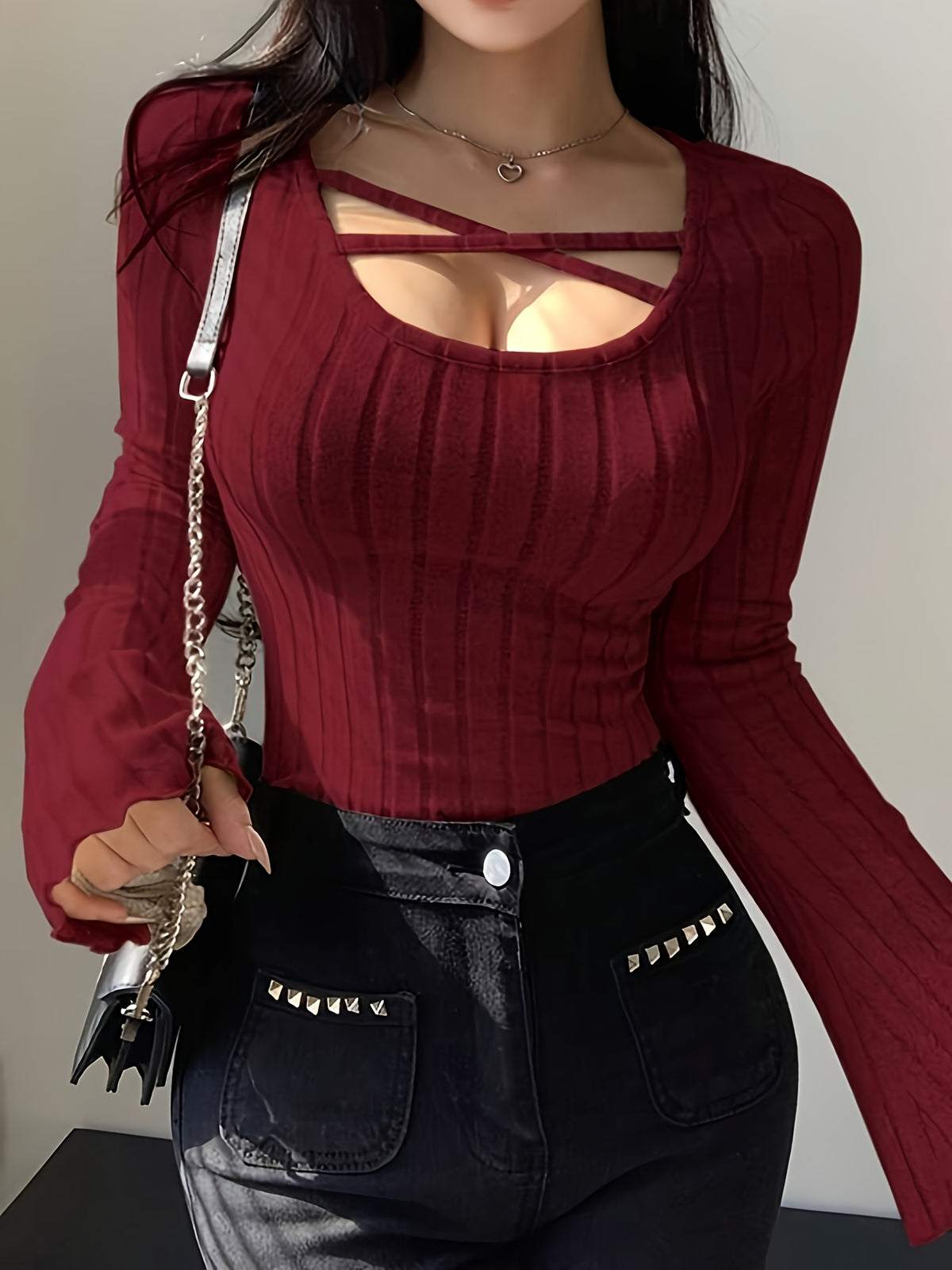 Pure Desire Style U-Neck Flared Sleeve Top - Burgundy
