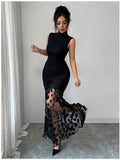 Elegant, Exquisite and Fashionable Women's Solid Color High Neck Sleeveless Fishtail Dress, Women's Bridesmaid DressSide Pleated Slim Fit Hip-hugging SilhouetteSheer Mesh with Three-dimensional Flower Decorated Hem - Black