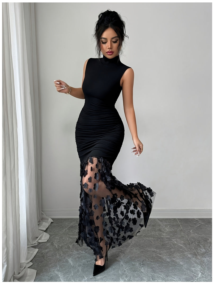 Elegant, Exquisite and Fashionable Women's Solid Color High Neck Sleeveless Fishtail Dress, Women's Bridesmaid DressSide Pleated Slim Fit Hip-hugging SilhouetteSheer Mesh with Three-dimensional Flower Decorated Hem - Black