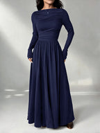 Women'S Solid Color Slim Long Sleeve Dress, Solid Color Dress, Elegant Women'S Thanksgiving Outfit, Graceful Party Gown, Wedding Party Dress, Fashion Evening Dress, Korean Style, Autumn Winter, Women'S Elegant Dress - Navy Color
