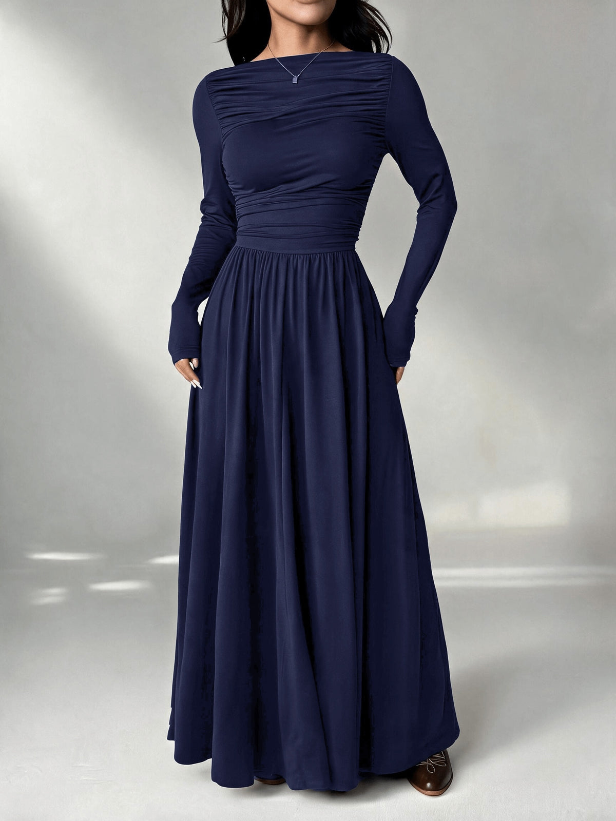 Women'S Solid Color Slim Long Sleeve Dress, Solid Color Dress, Elegant Women'S Thanksgiving Outfit, Graceful Party Gown, Wedding Party Dress, Fashion Evening Dress, Korean Style, Autumn Winter, Women'S Elegant Dress - Navy Color