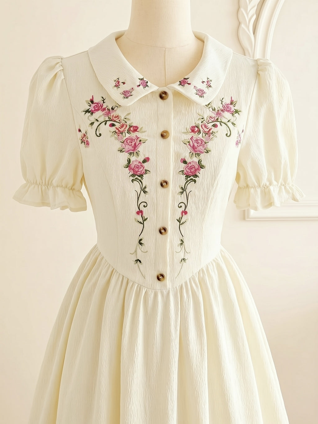 Women'S Summer Clothing, Retro Elegant Women'S Dress, Polka Dot Floral Pattern, Button Decoration, Ruffled Hem, Casual Style, Holiday Wear, Tea Party Dress, Embroidered Style, Festive Attire, Elegant Women'S Dress, Casual Women'S Dress - Apricot