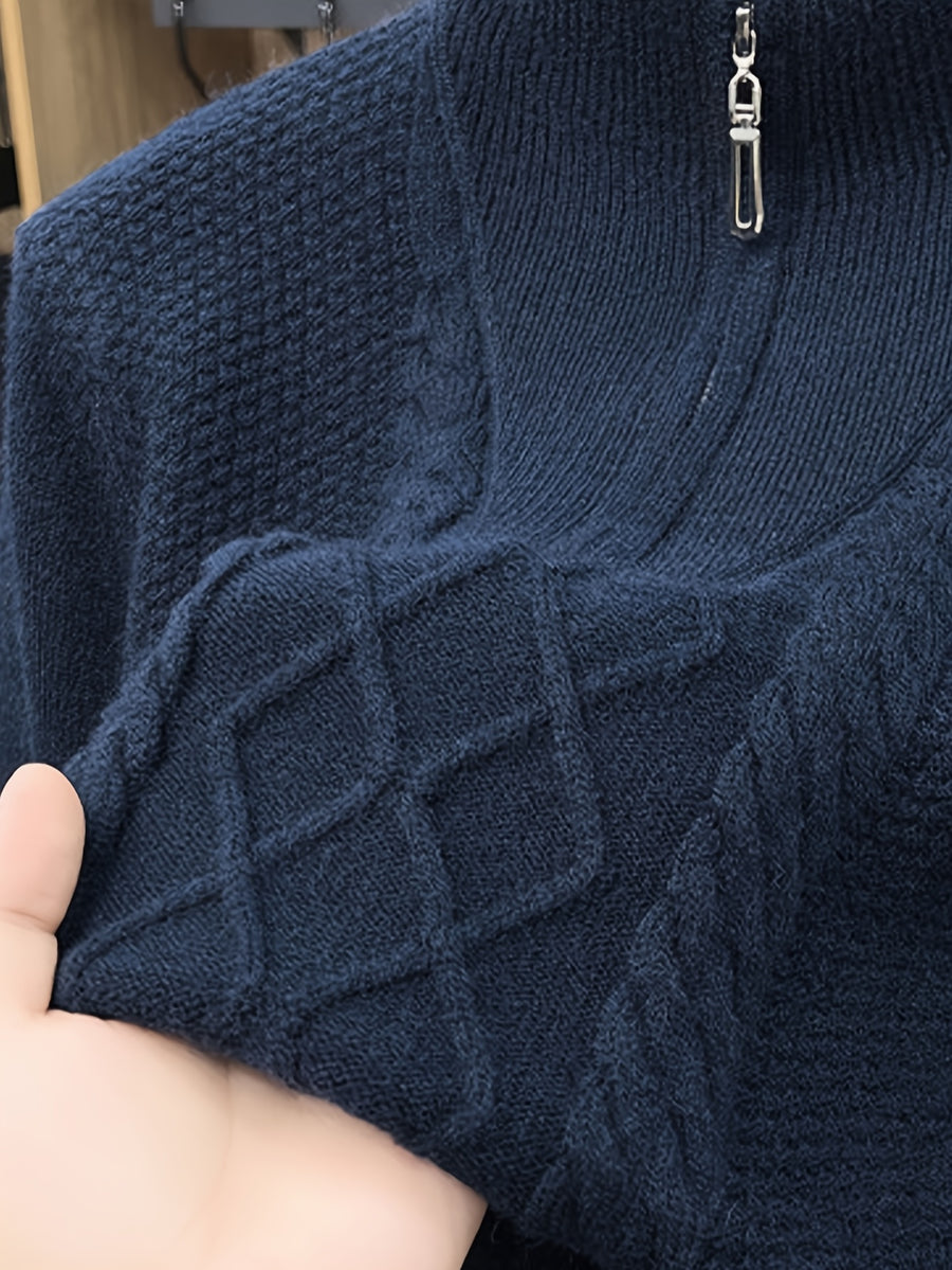 Men'S Thickened Semi-Open Zipper Stand Collar Knit Sweater, Ribbed Cuffs And Hem, Autumn/Winter Style, Single Wear And Layering, Light Mature Business Casual Style - Navy Color