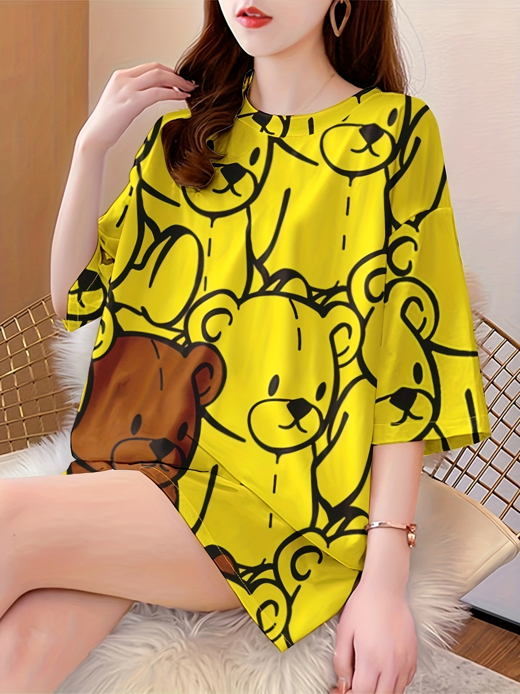 Summer New Large Size Loose Fashion Trend Slim Cartoon Round Neck Print Ladies Women'S Medium And Long Short-Sleeved T-Shirt Clothes - K176-Y