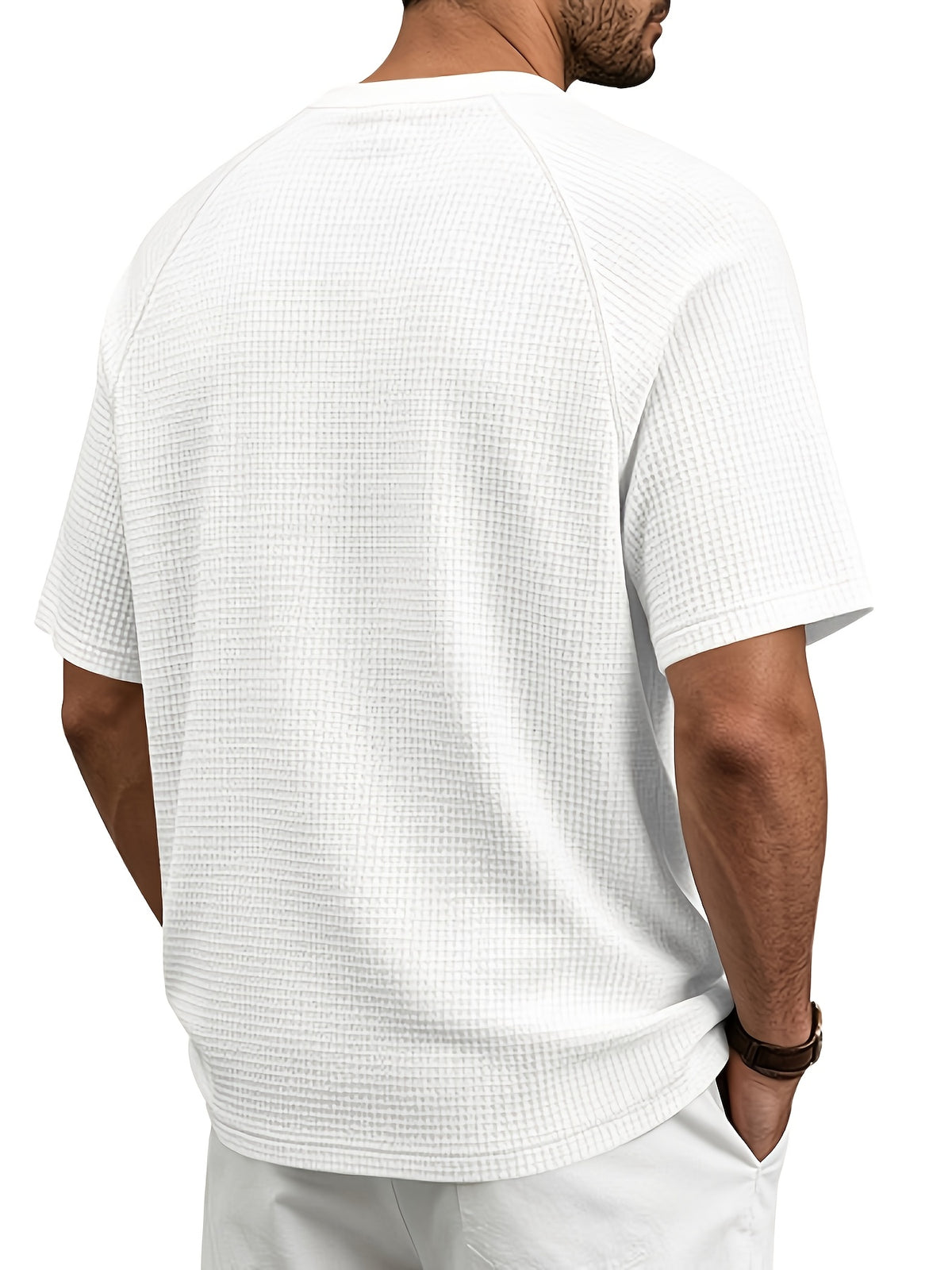 Men's Fashion Waffle Knit Raglan Sleeve V-Neck Short Sleeve Shirt, Men's V-Neck Short Sleeve T-Shirt, Chest Badge with Contrast Color Label, Stylish and Aesthetic - White