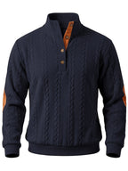 Men'S Casual Long Sleeve Knit Sweater, Textured Cable And Diamond Pattern, Stand Collar with Button Placket, Contrast Elbow Patch Details, Ribbed Cuffs And Hem, Ideal for Fall Winter Work, Travel, Golf And Daily Wear - Navy Color