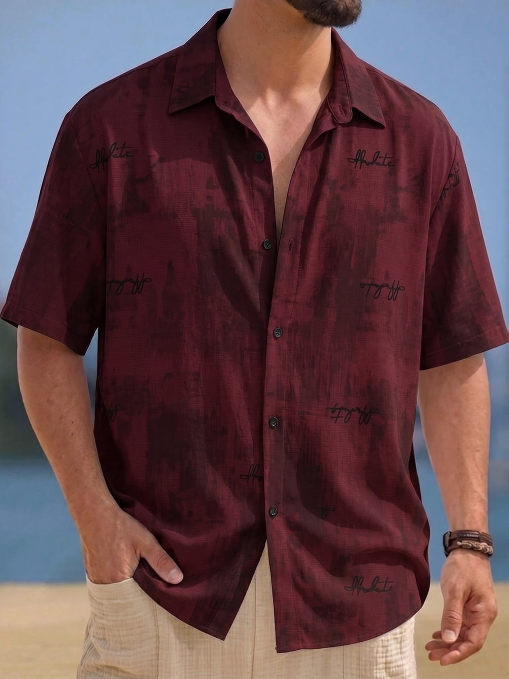 Men's Vintage Burgundy Printed Short-Sleeve Shirt, Vintage Cuban Collar Beach Vacation Button-Up Top, Bohemian Geometric Pattern Streetwear Casual Shirt - Brick Red