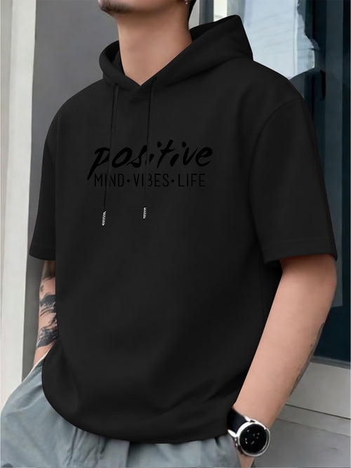 "Positive" Print: Healing Style Daily Men'S Hooded T-Shirt, Novelty Casual Short-Sleeved Hoodie T-Shirt, Loose Top Hooded Short-Sleeved Print, Versatile Men'S Casual Knitwear, Summer Outdoor Casual Short-Sleeved Black, Retro Fashion Trendy Outfit - Black