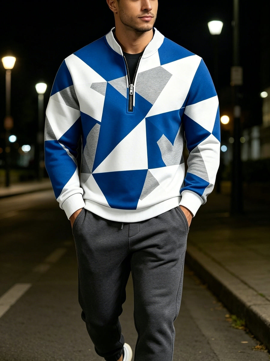 [Print Design - Not Textured] Plus Size Men'S Blue White Gray Geometric Color-Block Sweatshirt, Geometric Print Half-Zip POLO Shirt, Casual Long Sleeve Pullover - Mixed Color 1