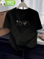 100% Women's T-Shirt, Summer Short Sleeve Thin Top, Trendy and Fashionable Standard Fit, Comfortable and Breathable, Loose and, Simple and Fresh with Plant and Floral Pattern - Black