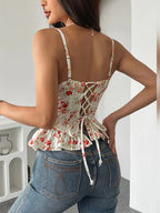 Ins Western Style Spring Summer Floral Irregular Ruffled Light New Sexy Backless Lace-Up Bustier 71027 - Multicolor