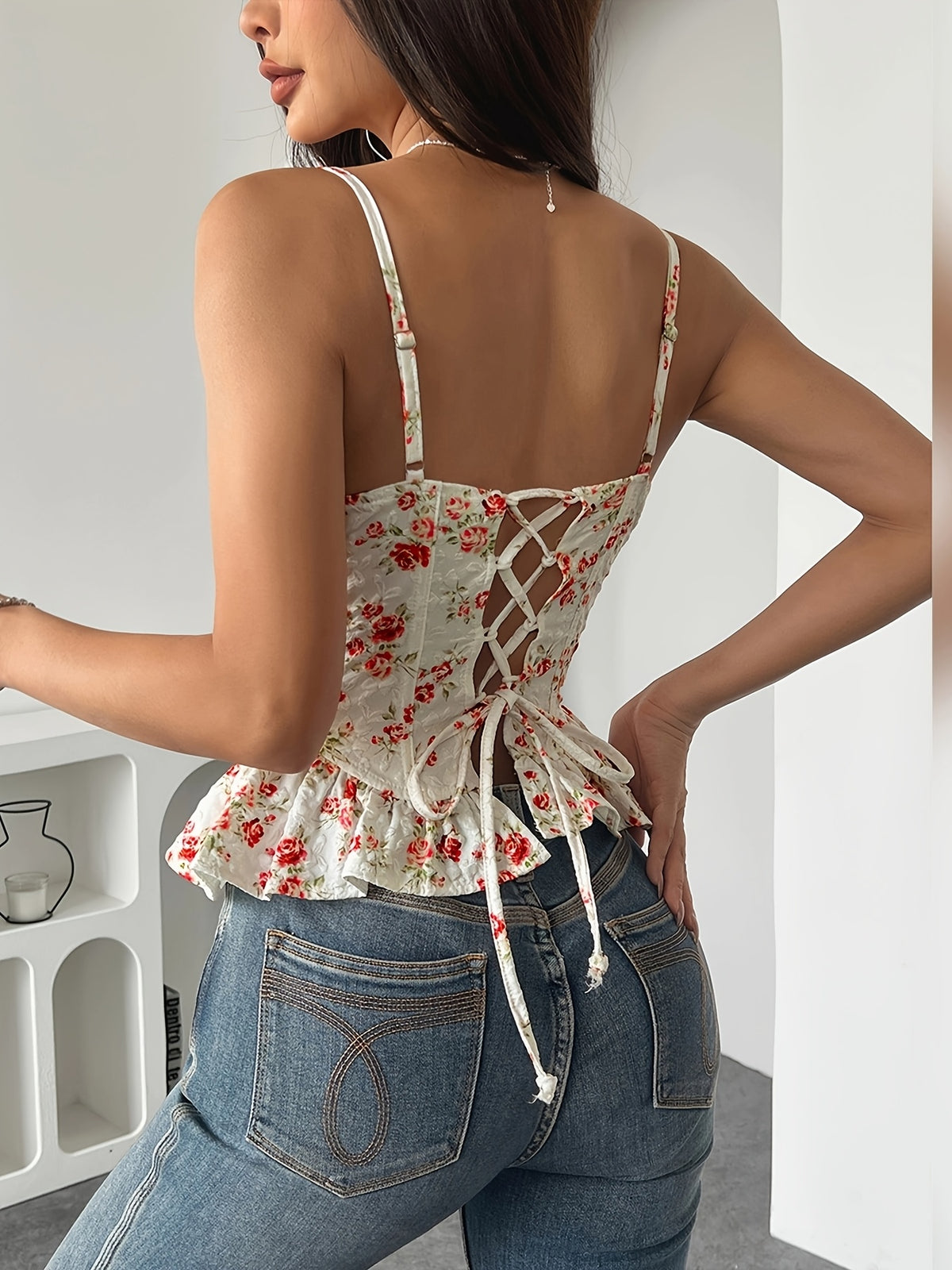 Ins Western Style Spring Summer Floral Irregular Ruffled Light New Sexy Backless Lace-Up Bustier 71027 - Multicolor