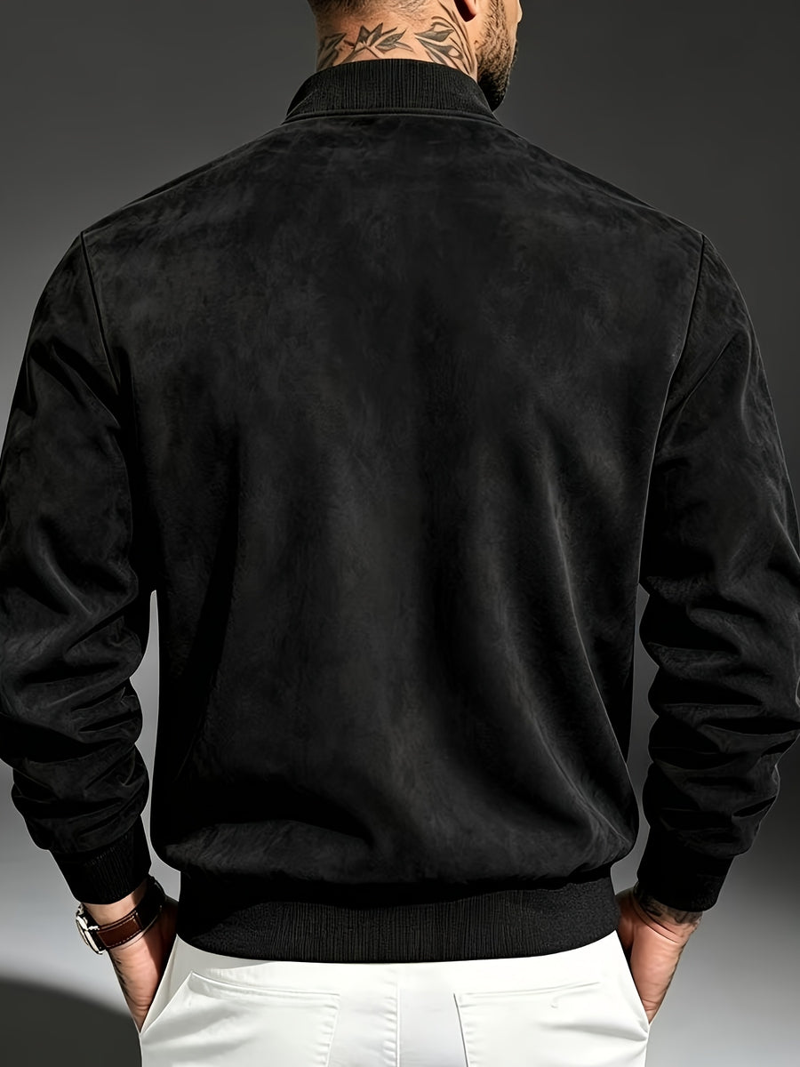 2026 New Men's Baseball Collar Jacket, Autumn Casual Zip-Up Outerwear, Loose Versatile Pilot Top - Black