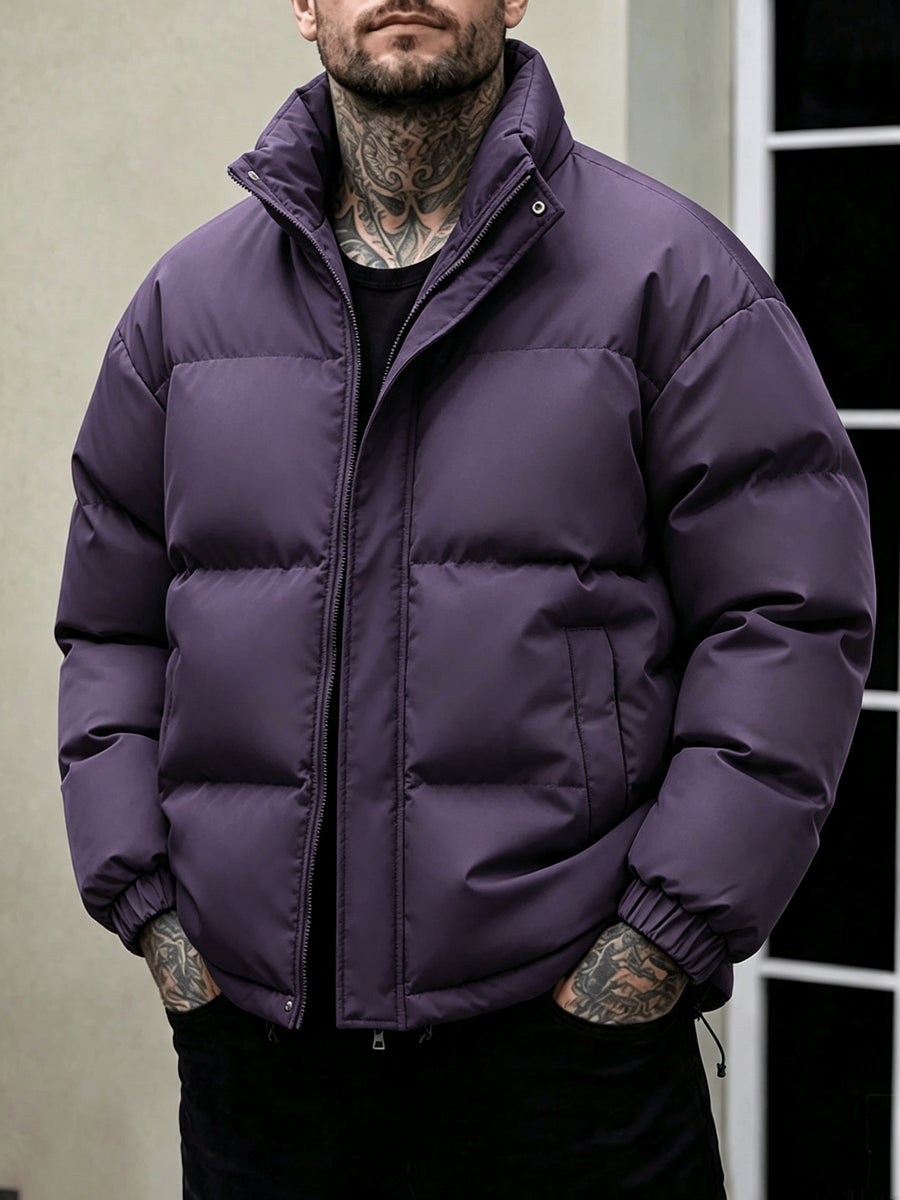 Men'S Stand-Collar Jacket Winter Loose Thick Warm Coat, Easy Casual Zippered Jacket - Purple