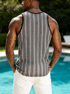 Men's Chevron Striped Hollow Knit Tank Top, Round Neck Sleeveless Casual Summer T-Shirt for Beach Workout Vacation Streetwear - Grey