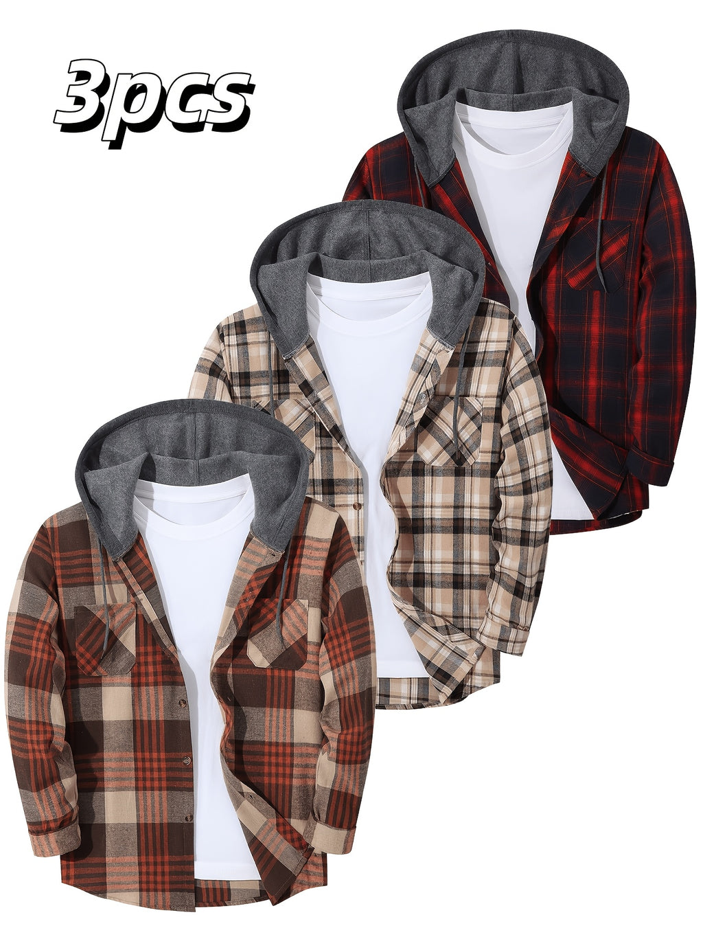 3pcs Set, Men'S Long Sleeve Plaid Flannel Hooded Shirt, Casual Button-Up Hooded Jacket, Soft Brushed Fabric, All-Season - Khaki Apricot Red Tibetan