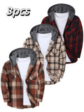 3pcs Set, Men'S Long Sleeve Plaid Flannel Hooded Shirt, Casual Button-Up Hooded Jacket, Soft Brushed Fabric, All-Season - Khaki Apricot Red Tibetan