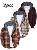 3pcs Set, Men'S Long Sleeve Plaid Flannel Hooded Shirt, Casual Button-Up Hooded Jacket, Soft Brushed Fabric, All-Season - Khaki Apricot Red Tibetan
