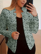 Vintage Print Casual Long-Sleeve Open-Front Blazer - Grey