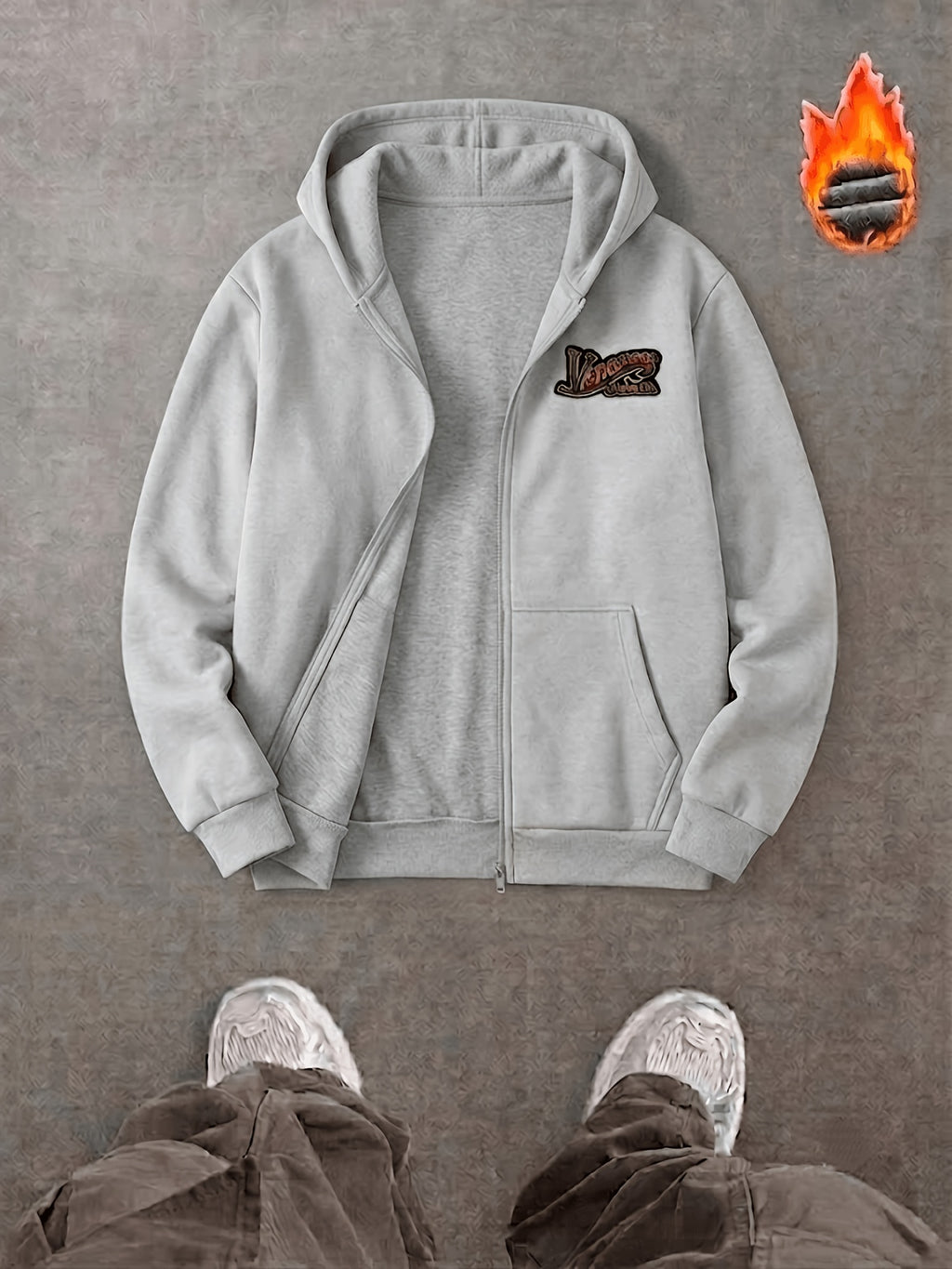 Men's Spring/Autumn Heavyweight Hooded Zip-Up Sweatshirt with Vintage Letter Print, Drawstring Cardigan Jacket, Three-Dimensional Cut with Kangaroo Pocket for a Slimming and Versatile Look, High-End Textured Basic Style for Commuting and Casual Wear - Grey