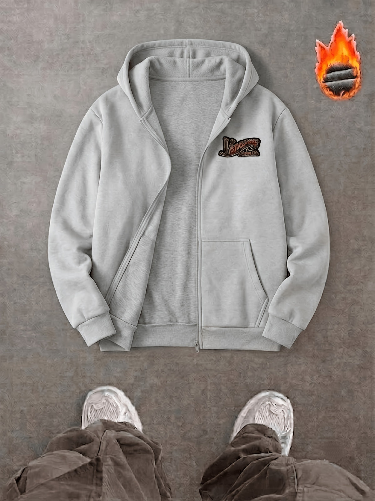 Men's Spring/Autumn Heavyweight Hooded Zip-Up Sweatshirt with Vintage Letter Print, Drawstring Cardigan Jacket, Three-Dimensional Cut with Kangaroo Pocket for a Slimming and Versatile Look, High-End Textured Basic Style for Commuting and Casual Wear - Grey