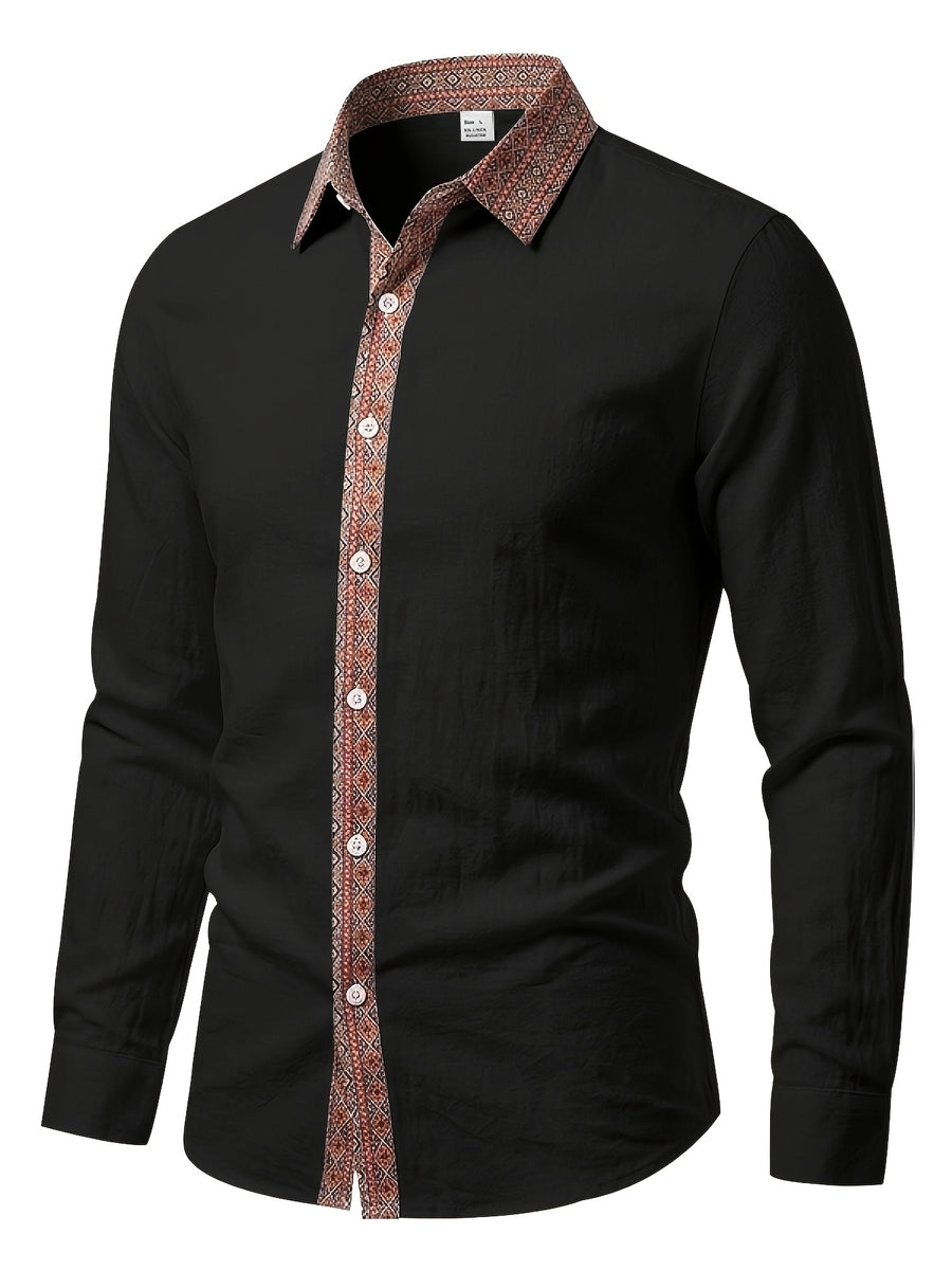 Men's Retro Button- Linen Shirt - Lightweight Breathable Suitable for Beach Vacation, Travel & Daily Wear, Loose Fit Roll Sleeve Collar & Placket Button Collar Shirt, Machine Washable for - Resort Wear (Solid Color) - Black