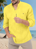Father's Day Gift Men's Long Sleeve Henley Collar T-Shirt Two-pc, Multiple Colors Available, Casual Top, Simple and Versatile Style for Daily Commuting, Leisure, and Relaxed Wear - Yellow+black