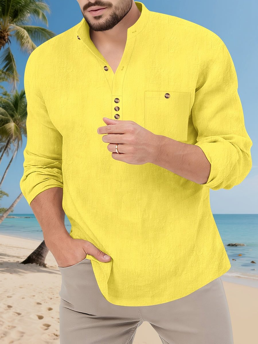Father's Day Gift Men's Long Sleeve Henley Collar T-Shirt Two-pc, Multiple Colors Available, Casual Top, Simple and Versatile Style for Daily Commuting, Leisure, and Relaxed Wear - Yellow+black