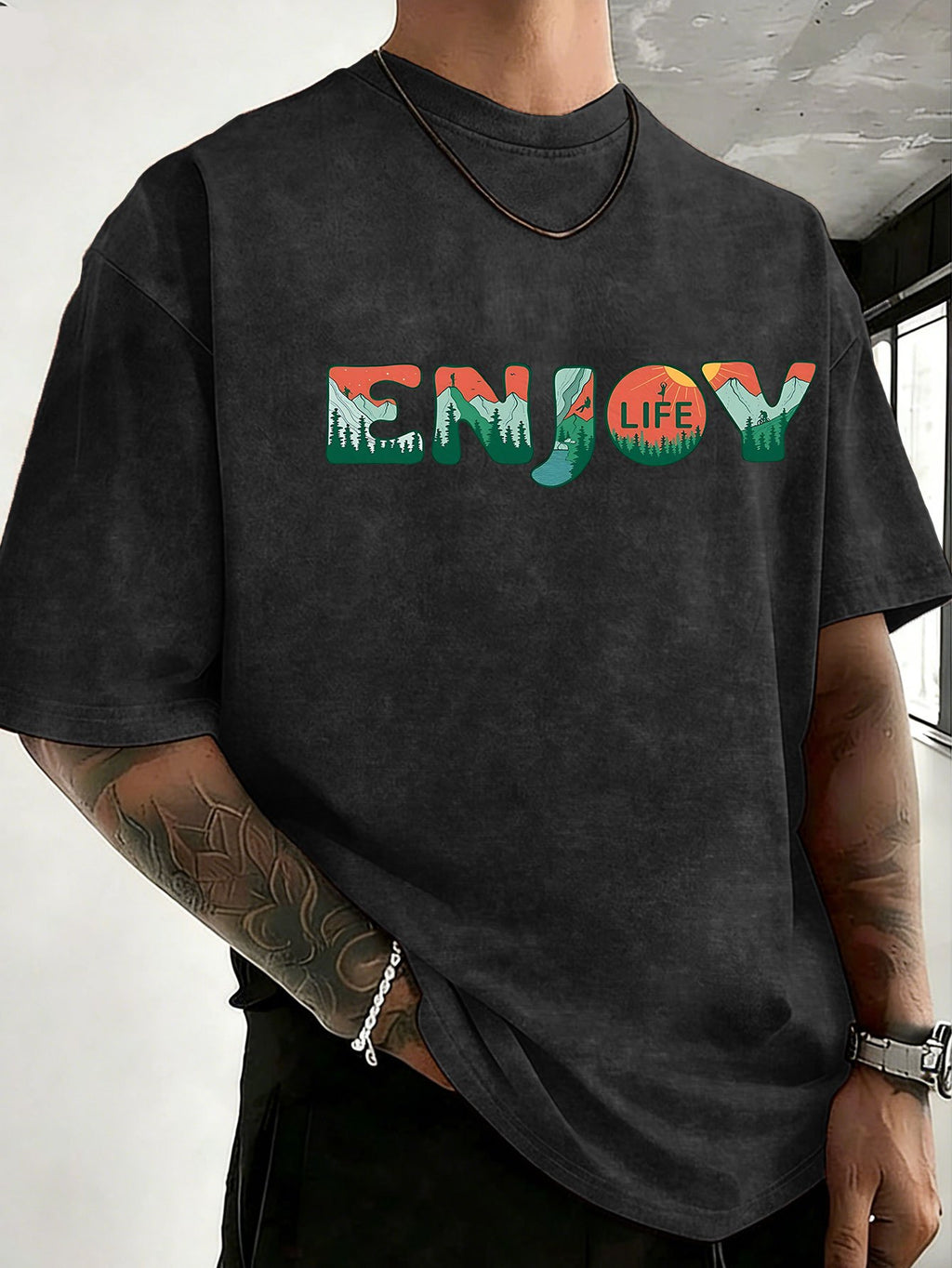 Loose Short Sleeve T-Shirt Men'S Heavyweight Pure Washed Distressed Top Trendy Double-Sided Print 12 Colors Free to Match Street Hip-Hop Style Casual Outing Sports Fitness Commuting Couple Style American Street Short Sleeve - Black