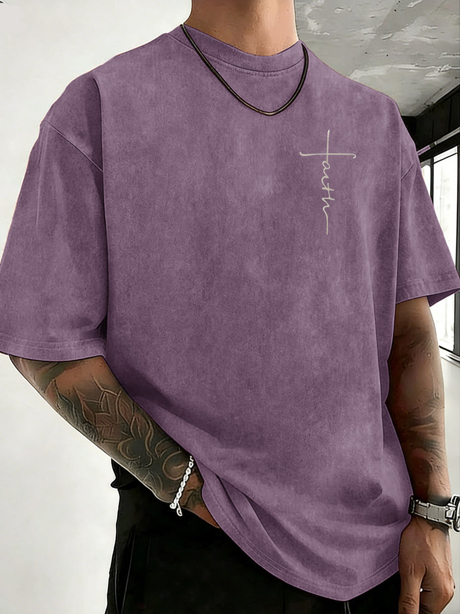 Drop-shoulder Vintage Washed T-shirt, Exclusively for the Fashion-forward Crowd. A Loose-fitting, Comfortable, High-quality Pure Cotton Short-sleeve Top, an Essential Piece for Streetwear Trends - Purple