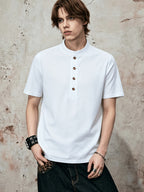 Men'S Mandarin Collar Short Sleeve T-Shirt, Stand-Up Collar Half-Open Placket Button-Up Top, Casual Loose All-Match Base Layer, Daily Streetwear - White