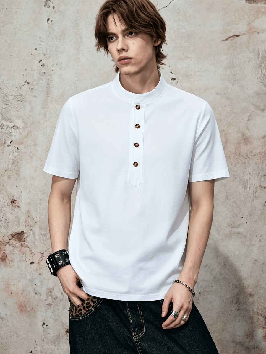 Men'S Mandarin Collar Short Sleeve T-Shirt, Stand-Up Collar Half-Open Placket Button-Up Top, Casual Loose All-Match Base Layer, Daily Streetwear - White