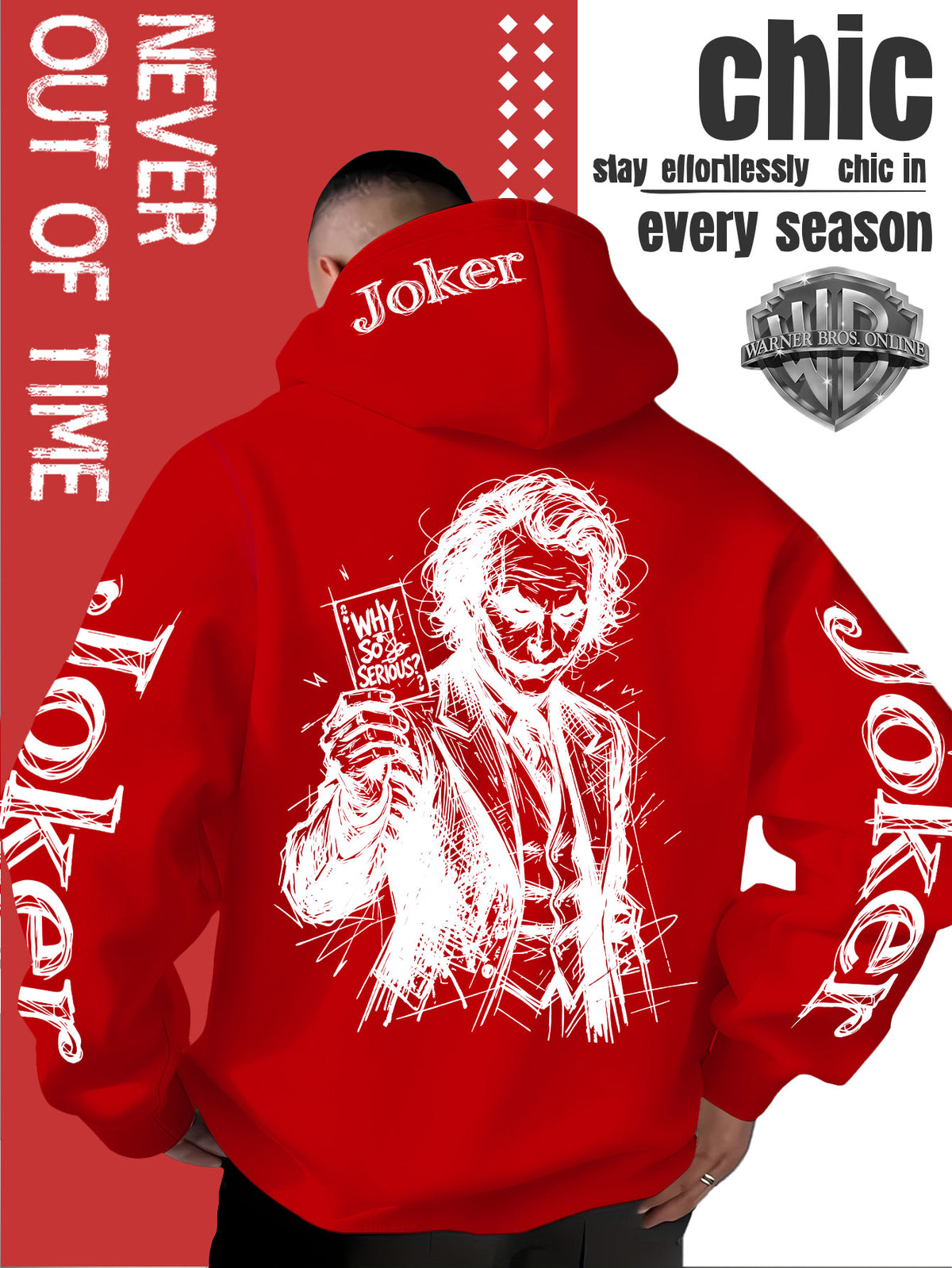 WB Warner Bros. Official Licensed Men's Joker Hooded Sweatshirt - Iconic Joker Portrait Print Hoodie, Soft Pilling-Resistant Fabric, Loose Fit Streetwear Pullover Suitable for Autumn/Winter, Machine Washable for Home, Outings & Joker-Themed Apparel - Red